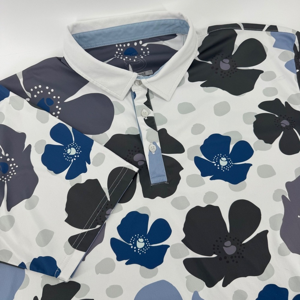 Swannies Mens XL Floral Performance Golf Polo Shirt Blue Grey White Short Sleeve